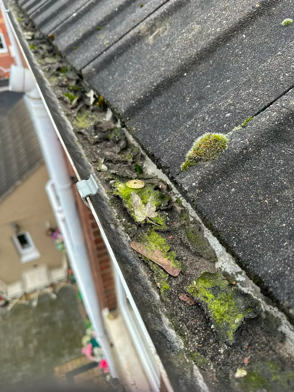 A gutter seen from roof level, silted along its length.